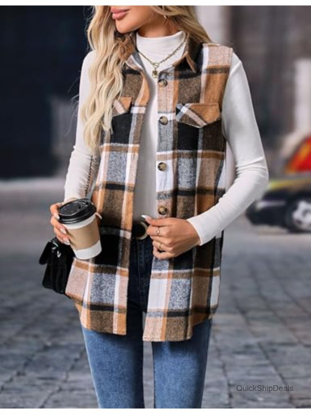 Flannel Plaid Vest Button Down Sleeveless Shacket Shirt Jacket for Women - Picture 3 of 6